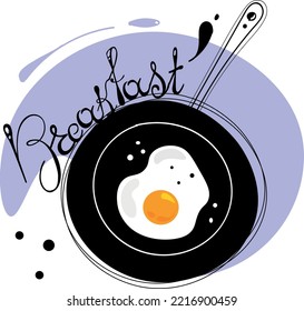 vector illustration of scrambled eggs in a frying pan and black pepper with the inscription breakfast, a poster for the kitchen