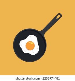 Vector illustration of scrambled eggs in frying pan, fried fried eggs, nutritious breakfast.