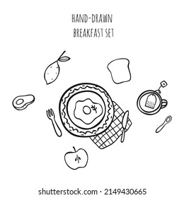 Vector illustration with scrambled eggs on a plate and other breakfast items. Isolated clipart for article about health, card or flyer, banner, kitchen, labels, concerning nutrition and vegetarian.