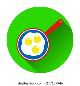 Vector illustration of scrambled eggs in skillet icon on white background. Flat color design style with long shadow.