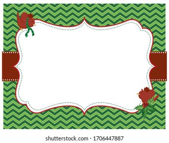 A vector illustration of a scrapbook style empty background Christmas holiday frame with a green chevron pattern, red ribbon and cute red cardinal birds in the corners.