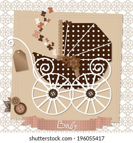 Vector illustration of the scrap-booking card with vintage baby stroller