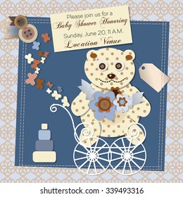 Vector Illustration of the scrap-booking card with the vintage teddy bear