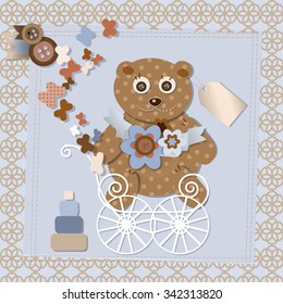 Vector Illustration of the scrap-booking card with the vintage teddy bear