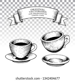 Vector Illustration of Scratchboard Style Ink Drawings of Coffee Cups