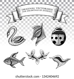 Vector Illustration of Scratchboard Style Ink Drawings of Animals