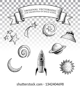 Vector Illustration of Scratchboard Style Ink Drawings of a Rocket and Space Icons