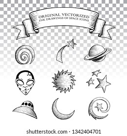 Vector Illustration of Scratchboard Style Ink Drawings of Space Icons