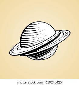 Vector Illustration of a Scratchboard Style Ink Drawing of a Saturn like Planet with White Fill
