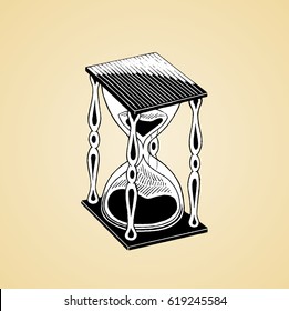 Vector Illustration of a Scratchboard Style Ink Drawing of an Hourglass with White Fill