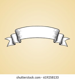 Vector Illustration of a Scratchboard Style Ink Drawing of an Old Banner with White Fill