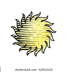 Vector Illustration of a Scratchboard Style Ink and Watercolor Drawing of Sun