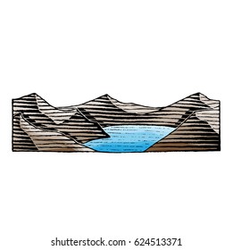 Vector Illustration of a Scratchboard Style Ink and Watercolor Drawing of a Mountain Lake