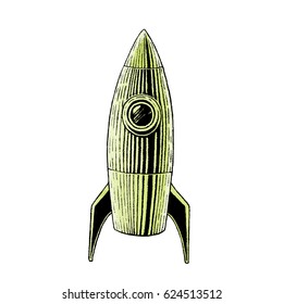 Ilustración vectorial de un dibujo de tinta y acuarela del estilo de un cohete rayado