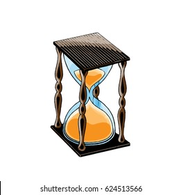 Vector Illustration of a Scratchboard Style Ink and Watercolor Drawing of an Hourglass
