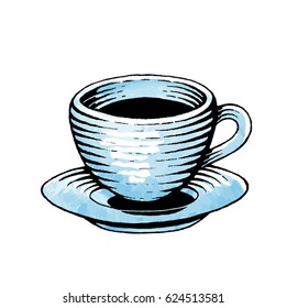 Vector Illustration of a Scratchboard Style Ink and Watercolor Drawing of a Coffee Cup