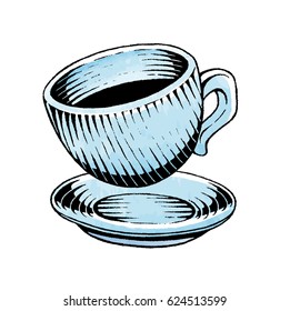 Vector Illustration of a Scratchboard Style Ink and Watercolor Drawing of a Coffee Cup