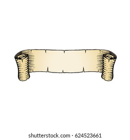 Vector Illustration of a Scratchboard Style Ink Drawing of an Old Banner with Beige Fill