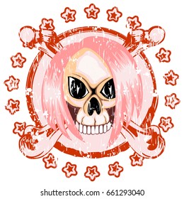 Vector illustration scratched stamp emo skull with hair and crossed bones. For t-shirt design.