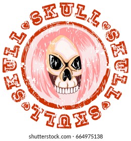 Vector illustration scratched stamp emo skull with hair and hearts. Inscription skull. For t-shirt design.