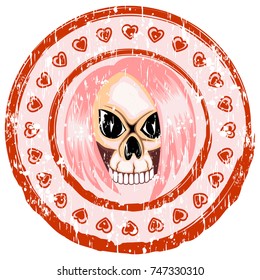 Vector illustration scratched stamp emo skull with hair and hearts. For t-shirt design.