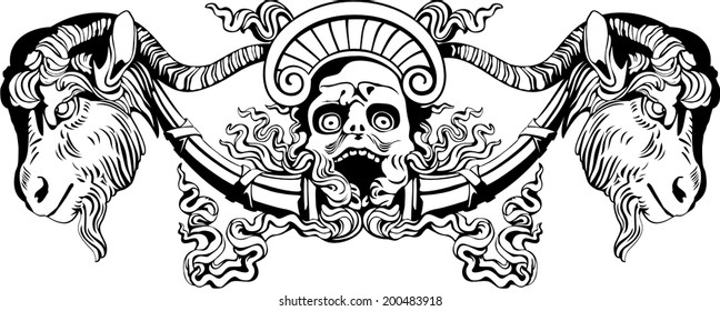 Vector illustration of screaming goat-horned devil against on  white background