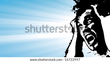 Vector illustration of a screaming man grunge glowing banner with corner splatter design element and light stripes behind it.