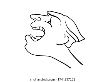 Vector illustration. Screaming man. Profile portrait. Hand drawn. Linear drawing. Angry man. Head. Black on white.