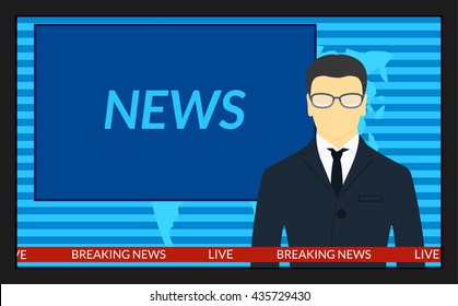 Vector Illustration.TV Screen With The Breaking News. Male News Anchor