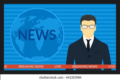 Vector Illustration.TV Screen With The Breaking News. Male News Anchor