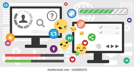 vector illustration of screen desktop social media icons for customer support and and online chat concept