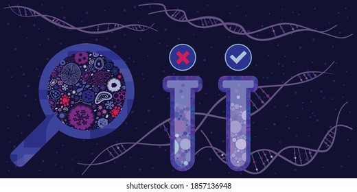 vector illustration of screen and flask for virus diagnostics in neon blue ultraviolet colors