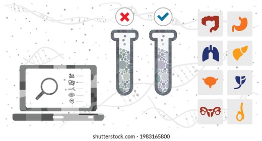 vector illustration of screen and flask for virus diagnostics for different organs