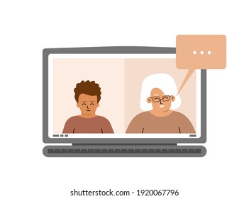 Vector illustration. Screen of laptop with kid (boy) and elderly teacher. Online distant education in quarantine time. Web platform for homeschooling and online courses. Granny talks with grandchild