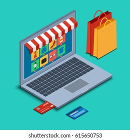 Vector illustration. The screen of an open laptop with online shopping icons and buttons. Bank cards and bags. Isometric, 3D.