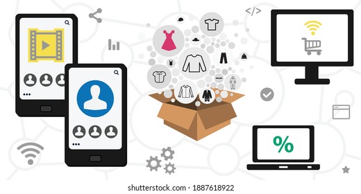 Vector Illustration Of Screens And Clothes Items For Fashion Blogger Streaming And Trends Report