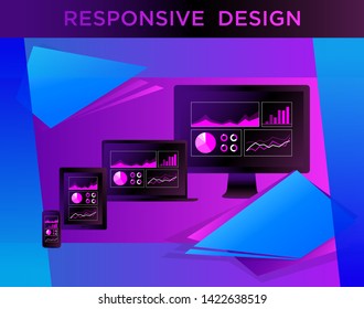 Vector illustration of screens showing responsive designed charts on abstract colorful background