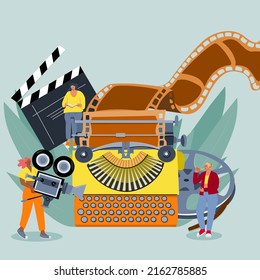 Vector illustration of the screenwriter. The concept of writing a script. Work on the production of the film. Retro typewriter with film.