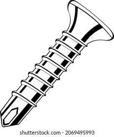 Vector illustration of a screw drawn in black and white