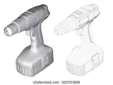 Vector illustration of a screwdriver, isometric view. Two versions of the screwdriver: polygonal and mesh 3D.