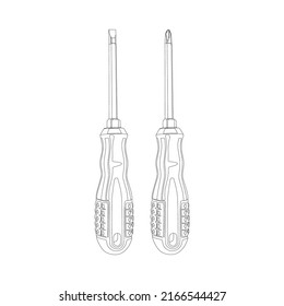 vector illustration, screwdriver silhouette and sketch, flat cartoon design style.