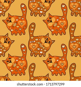 Vector illustration. Scribble, sketch, doodle. Cat looking something and sitting on color. Tracing on yellow, orange and black colors. Seamless pattern. Fantasy cute illustration.