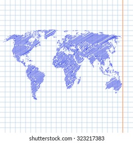 Vector Illustration Of Scribble Sketchy Painted World Map On A School Notebook Sheet.