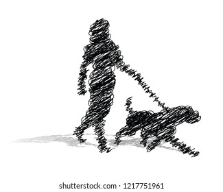 Vector illustration of a scribble woman walking a dog on a white background