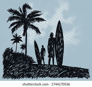 Vector illustration in scribbled and stripped style of surfers on the beach.