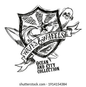 Ilustración vectorial con trazos garabateados en estilo de boceto de emblema con elementos de surf y patinaje. Arte para camisetas, afiches, etc...