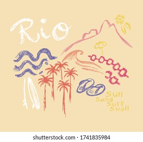 Vector illustration in scribbled style with elements depicting the city of Rio de Janeiro.