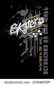 Vector illustration in scribbled style, with ink splashes of the word "skaters" and skateboard in minimalist lines.