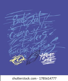 Ilustración vectorial de texto garabateado referido al surf, con elementos como olas y tablas de surf en estilo de esbozo.