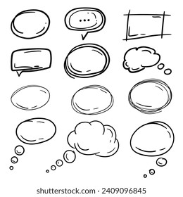 Vector illustration of scribbles, clouds and quotes for text. Doodle shapes hand drawn, set of elements in sloppy style